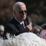 
              President Joe Biden pardons Chocolate, the national Thanksgiving turkey, at the White House in Washington, Monday, Nov. 21, 2022. (AP Photo/Carolyn Kaster)
            