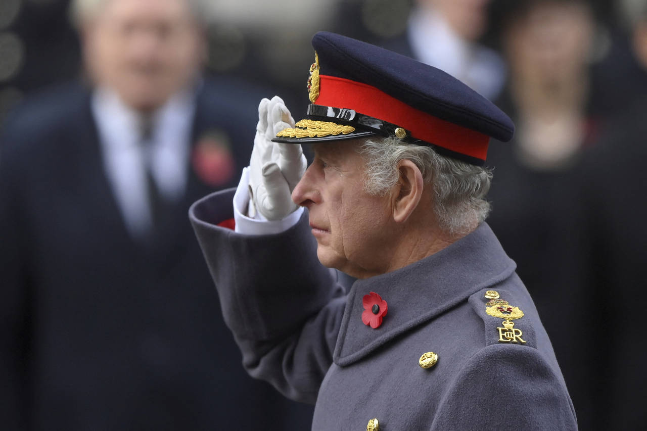 Britain's King Charles III attends the Remembrance Sunday ceremony at the Cenotaph on Whitehall in ...