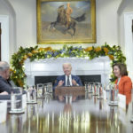 
              President Joe Biden, center, at the top of a meeting with congressional leaders to discuss legislative priorities for the rest of the year, Tuesday, Nov. 29, 2020, in the Roosevelt Room of the White House in Washington. From left are House Minority Leader Kevin McCarthy of Calif., Senate Majority Leader Chuck Schumer, of N.Y., Biden, House Speaker Nancy Pelosi of Calif., and Senate Minority Leader Mitch McConnell of Ky. (AP Photo/Andrew Harnik)
            