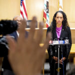
              San Francisco District Attorney Brooke Jenkins, who's office has charged David DePape with attempted murder and other crimes in the attack of House Speaker Nancy Pelosi's husband Paul Pelosi, speaks with reporters in San Francisco Superior Court on Tuesday, Nov. 1, 2022, in San Francisco. (AP Photo/Noah Berger)
            