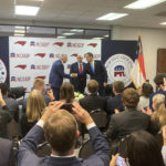 
              Former Vice President Mike Pence, center, joins with North Carolina Republican Party Chairman Michael Whatley, left, and U.S. Senate candidate Ted Budd for a conservation at the state GOP headquarters in Raleigh, N.C., on Wednesday. Nov. 2, 2022. Pence was in North Carolina to support Budd’s campaign. (AP Photo/Gary D. Robertson)
            