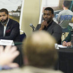 
              Michael Gray-Lewis, a Jackson State engineering graduate questions EPA Administrator Michael S. Regan, center, Jackson, Miss., Mayor Chokwe Antar Lumumba, left, and Radhika Fox, assistant administrator for water with the EPA, on efforts to deliver a sustainable water system for Jackson residents, Tuesday, Nov. 15, 2022, at Jackson State University. (AP Photo/Rogelio V. Solis)
            