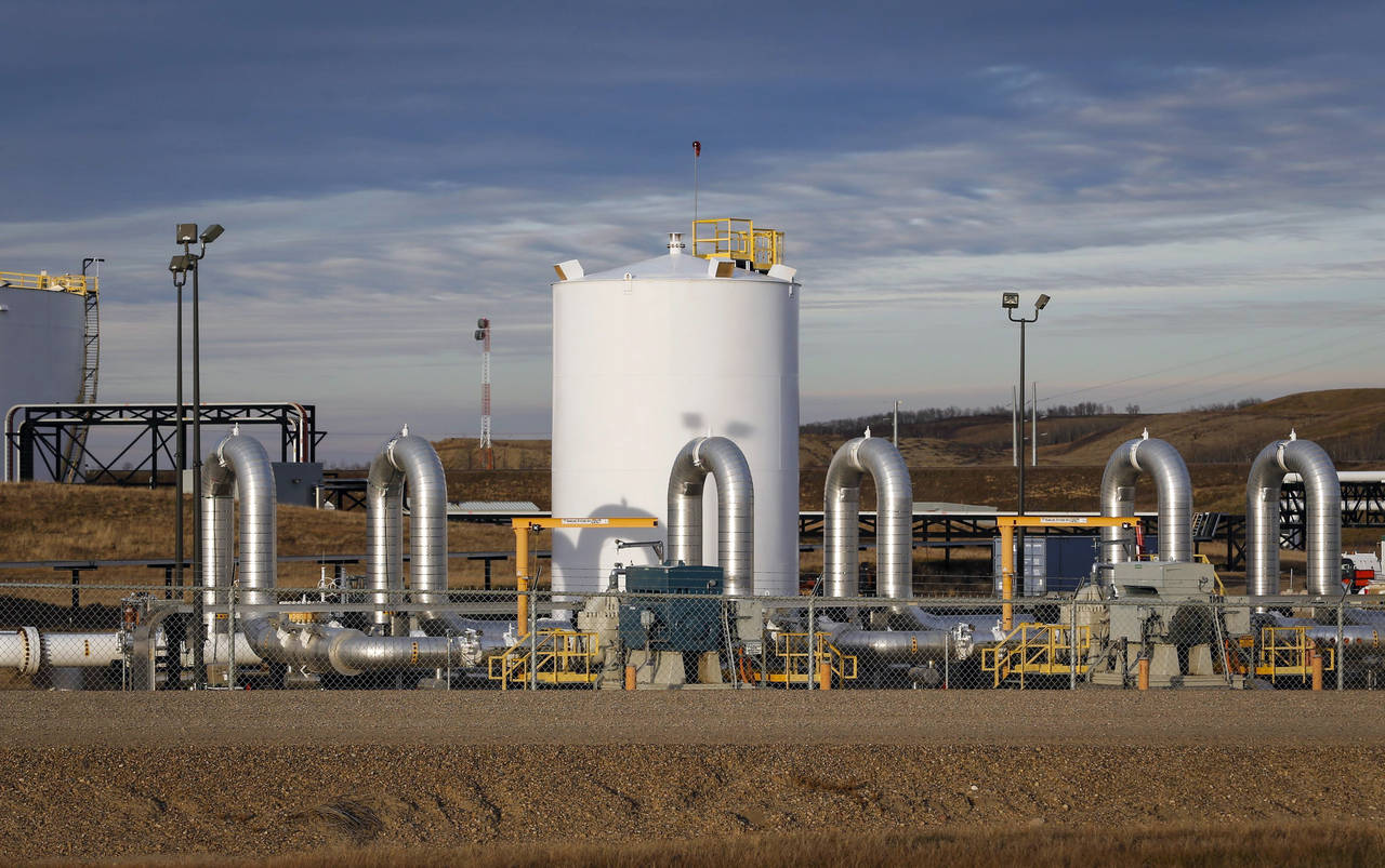 FILE - In this Nov. 6, 2015 file photo, TC Energy's Keystone pipeline facility is seen in Hardisty,...