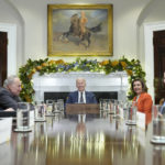 
              President Joe Biden, center, at the top of a meeting with congressional leaders to discuss legislative priorities for the rest of the year, Tuesday, Nov. 29, 2020, in the Roosevelt Room of the White House in Washington. From left are House Minority Leader Kevin McCarthy of Calif., Senate Majority Leader Chuck Schumer, of N.Y., Biden, House Speaker Nancy Pelosi of Calif., and Senate Minority Leader Mitch McConnell of Ky. (AP Photo/Andrew Harnik)
            