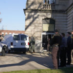 
              Officers place Richard Matthew Allen into a van outside of the Carroll County courthouse following a hearing, Tuesday, Nov. 22, 2022, in Delphi, Ind. Allen was charged last month with two counts of murder in the killings of Liberty German, 14, and Abigail Williams, 13. (AP Photo/Darron Cummings)
            