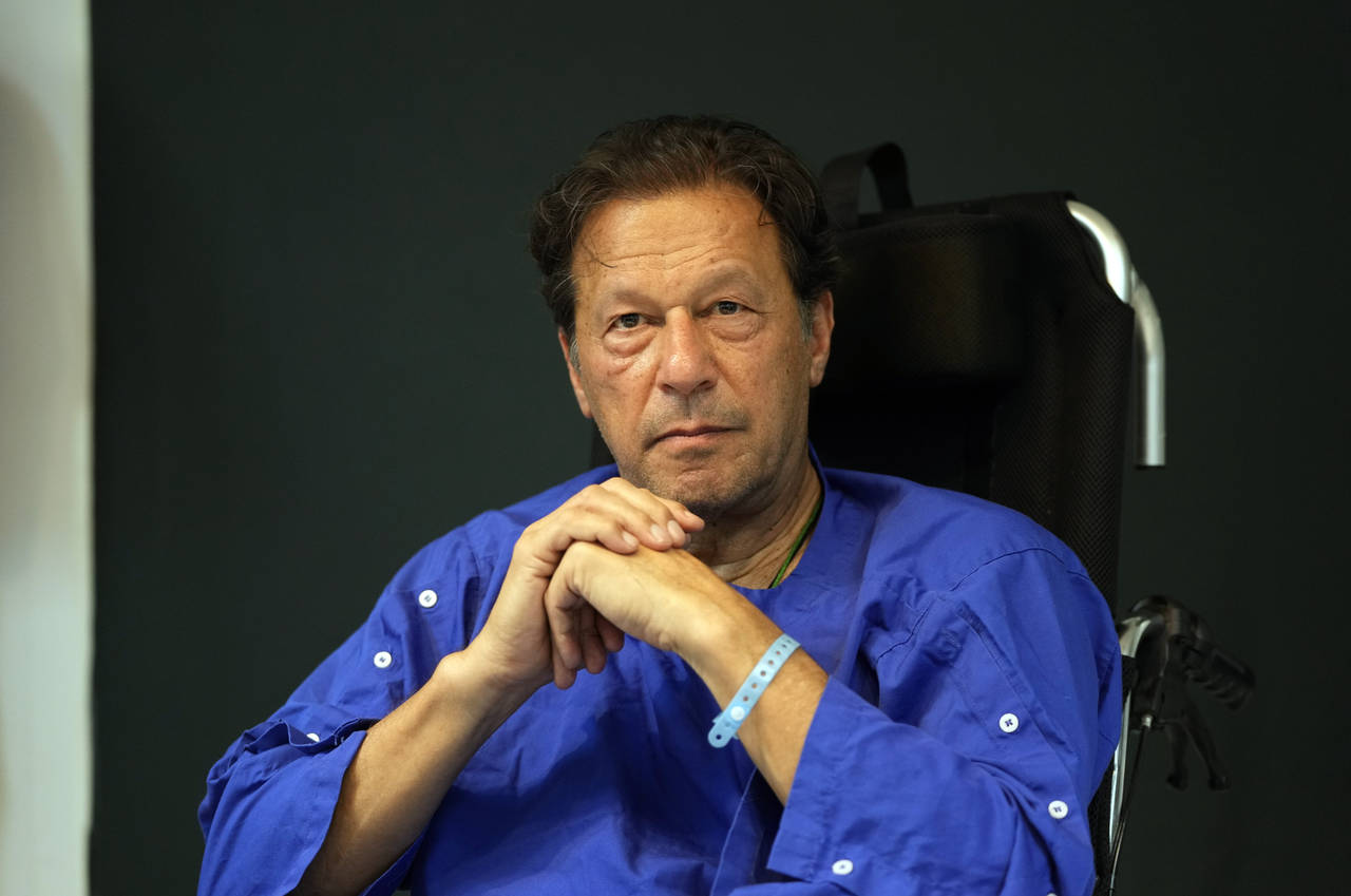 FILE - Former Pakistani Prime Minister Imran Khan speaks during a news conference in Shaukat Khanum...