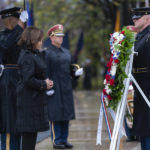 
              Vice President Kamala Harris bows her head and pauses as she lays a wreath at the Tomb of the Unknown Soldier during the National Veterans Day observance at Arlington National Cemetery, in Arlington, Va., Friday, Nov. 11, 2022. (AP Photo/Manuel Balce Ceneta)
            