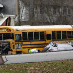 
              A school bus involved in an accident is seen in New Hempstead, N.Y., Thursday, Dec. 1, 2022. Multiple injuries were reported Thursday when a school bus crashed into a house and another vehicle in a suburb north of New York City. (AP Photo/Seth Wenig)
            