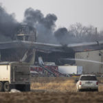 
              Firefighters work to control a blaze at a grain elevator, Thursday, Dec. 8, 2022, in Marengo, Iowa. An explosion has caused injuries and an evacuation of people near the operation. The explosion and fire happened about 11:15 a.m. Thursday in Marengo at a grain elevator owned by Heartland Crush. (Joseph Cress/Iowa City Press-Citizen via AP)
            