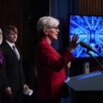 Secretary of Energy Jennifer Granholm, center, joined from left by Arati Prabhakar, the president's science adviser, and National Nuclear Security Administration Deputy Administrator for Defense Programs Marvin Adams, discusses a major scientific breakthrough in fusion research that was made at the lab in California, during a news conference at the Department of Energy in Washington, Tuesday, Dec. 13, 2022. (AP Photo/J. Scott Applewhite)
