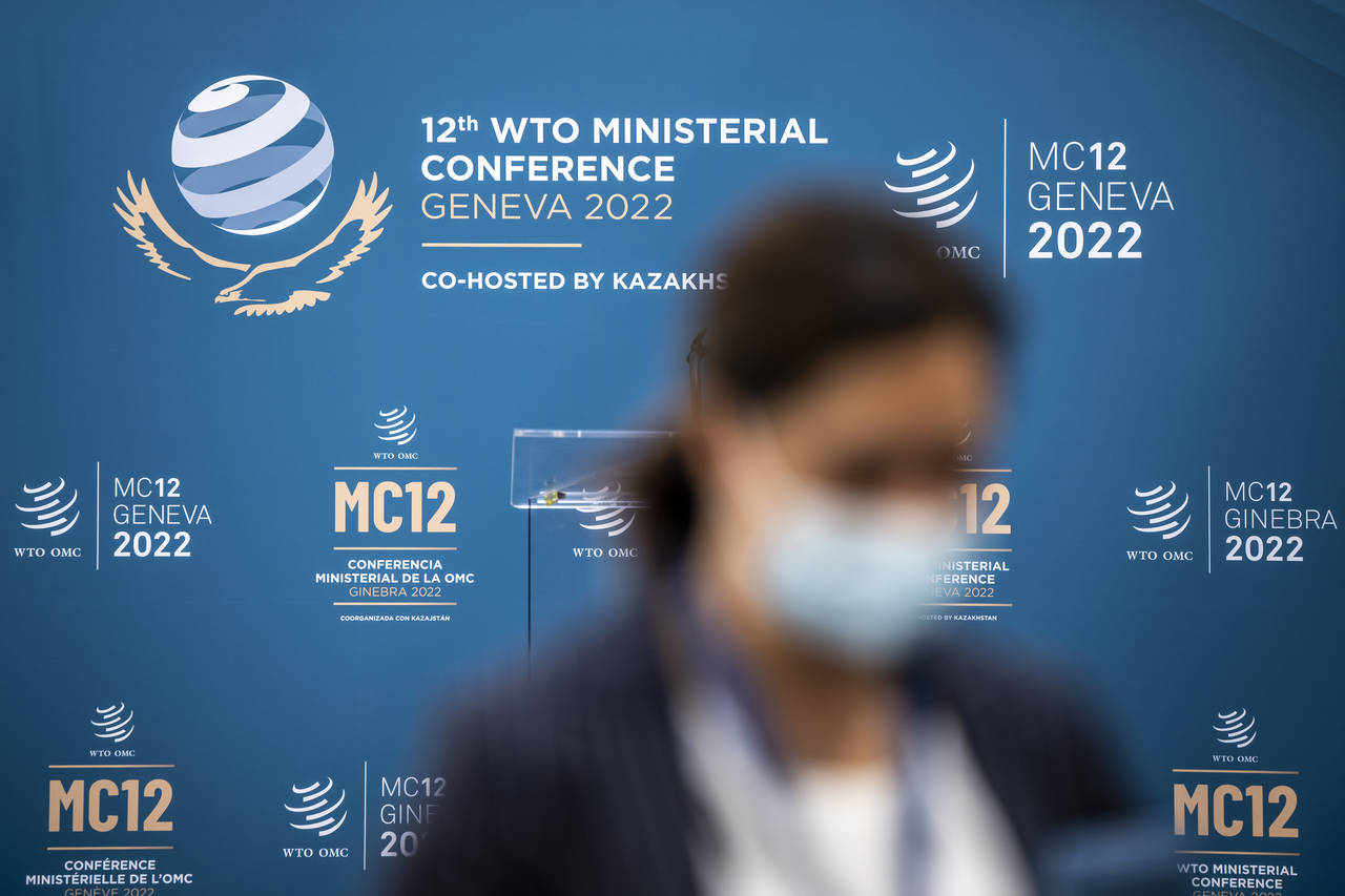 FILE - A person walks past the WTO Ministerial MC12 logo before the opening of the 12th Ministerial...