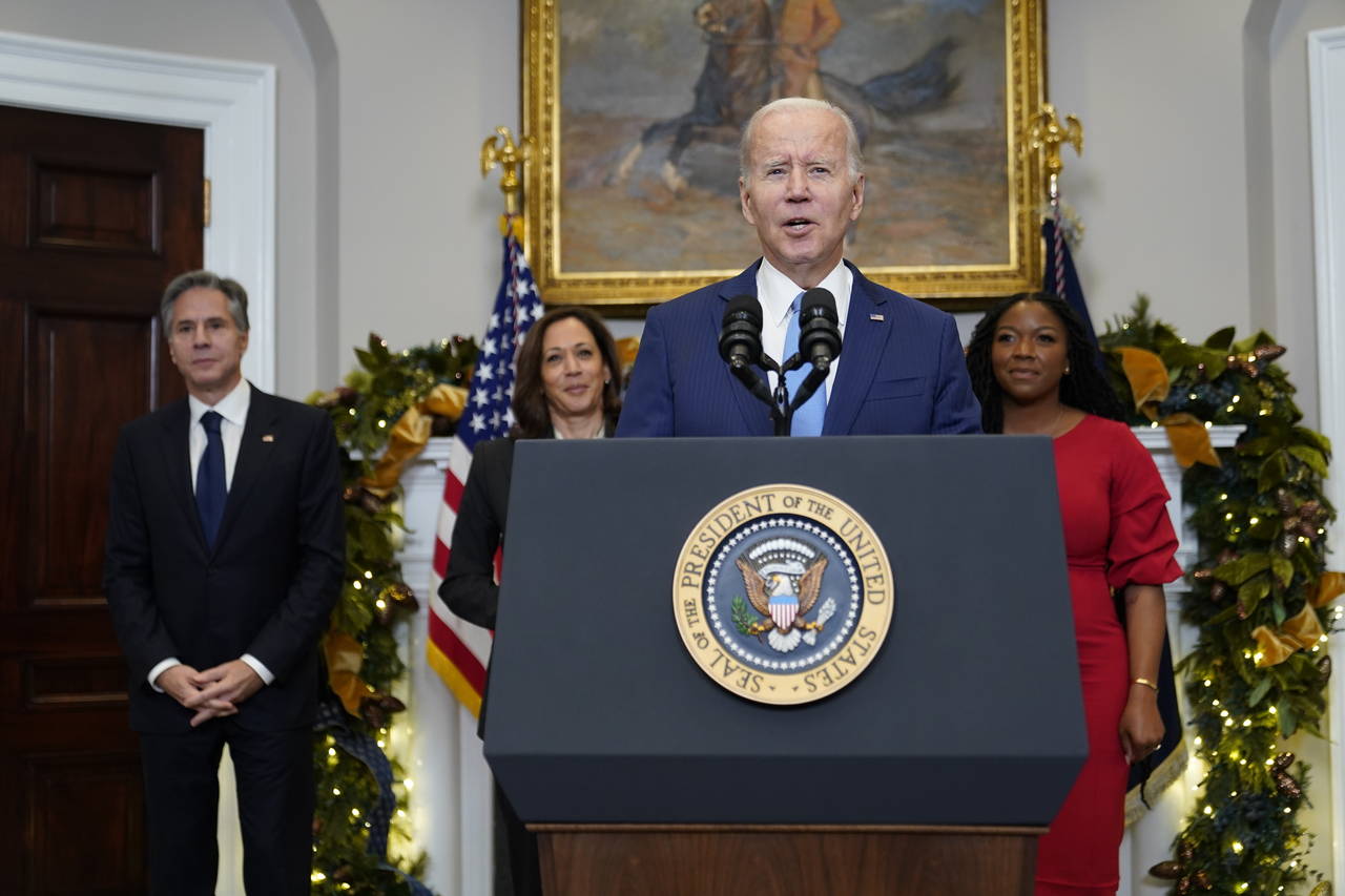 President Joe Biden speaks in the Roosevelt Room of the White House, Thursday, Dec. 8, 2022, in Was...