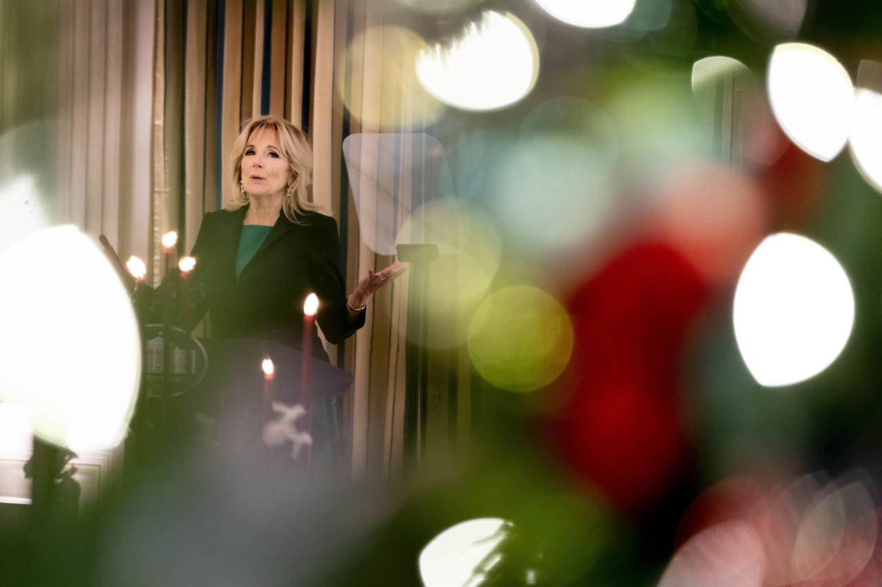 First lady Jill Biden speaks during a media preview for the State Dinner with President Joe Biden a...