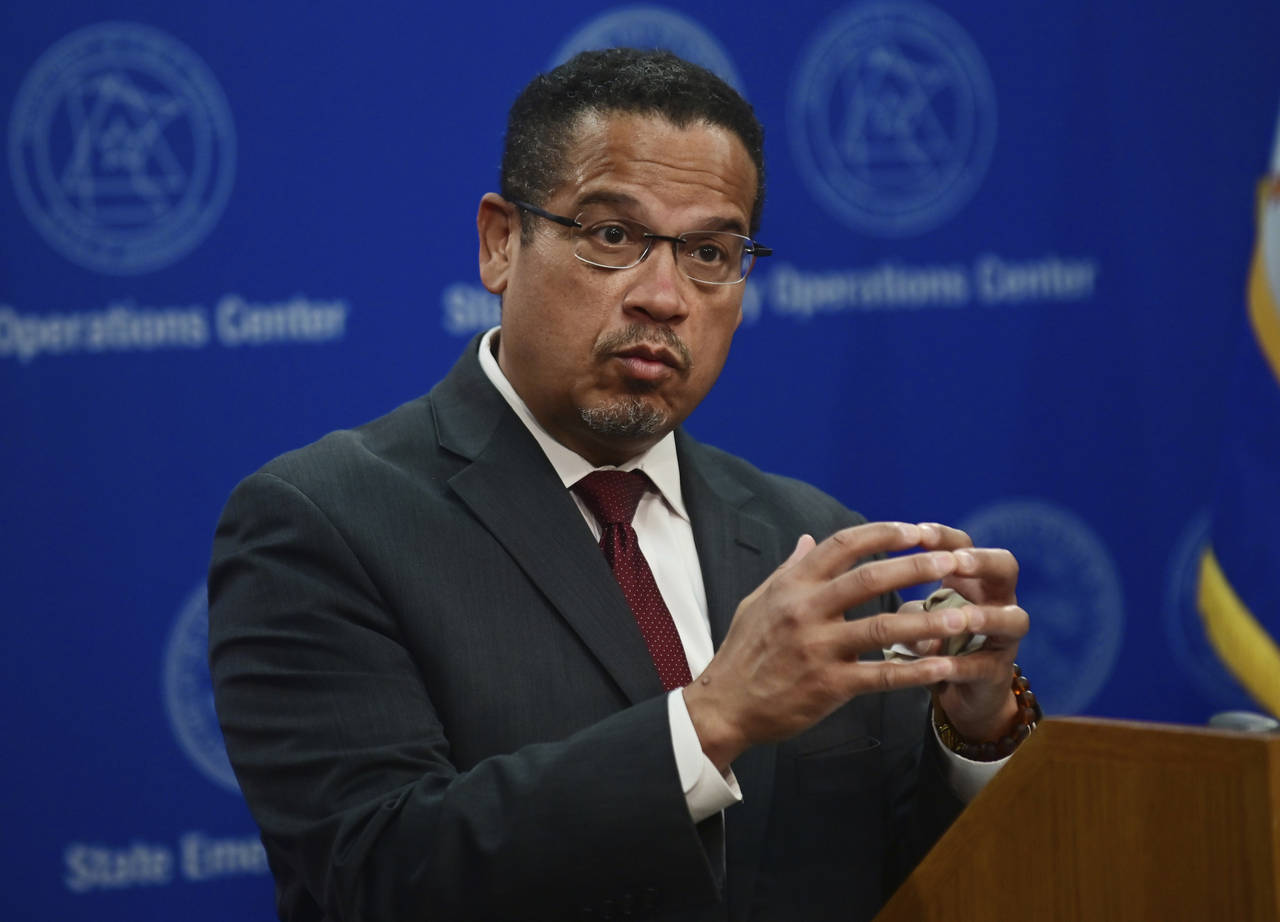 FILE - In this May 27, 2020, file photo, Minnesota Attorney General Keith Ellison answers questions...