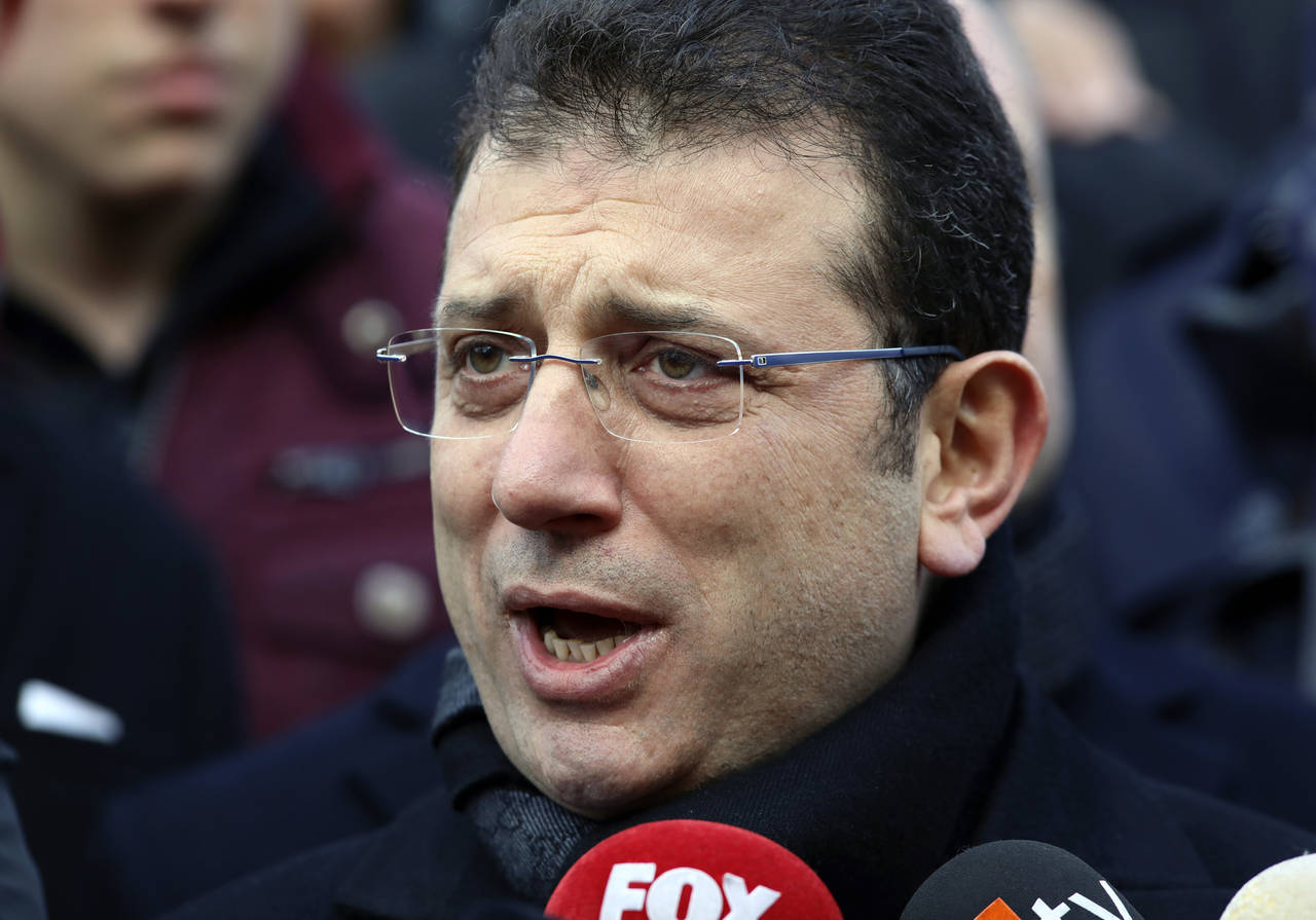 FILE - Mayor of Istanbul Ekrem Imamoglu speaks to the media at Kocatepe Mosque, in Ankara, Turkey, ...