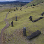 
              Moai statues stand on the slope of the Rano Raraku volcano on Rapa Nui, or Easter Island, Chile, Sunday, Nov. 27, 2022. Each of them – the nearly 400 on the volcano and more than 500 others elsewhere on the island -- represents an ancestor. A creator of words and music. A protector. (AP Photo/Esteban Felix)
            