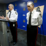 
              Winnipeg Police Inspector Shawn Pike, left, and Chief Danny Smyth, right, provide an update to an ongoing homicide investigation in Winnipeg, Manitoba, Thursday, Dec. 1, 2022. Police alleged Thursday that Jeremy Skibicki, of Canada, previously charged with murdering an Indigenous woman also killed three other women — two also confirmed to be Indigenous and one believed to be. (John Woods/The Canadian Press via AP)
            