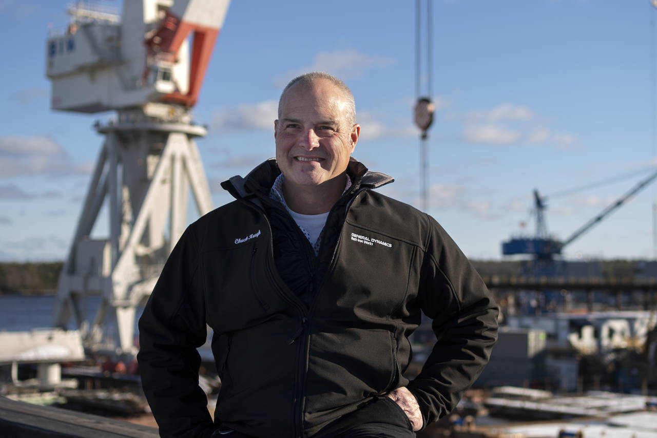 Charles F. Krugh, president of Bath Iron Works, poses at the shipyard Tuesday, Dec. 20, 2022, in Ba...
