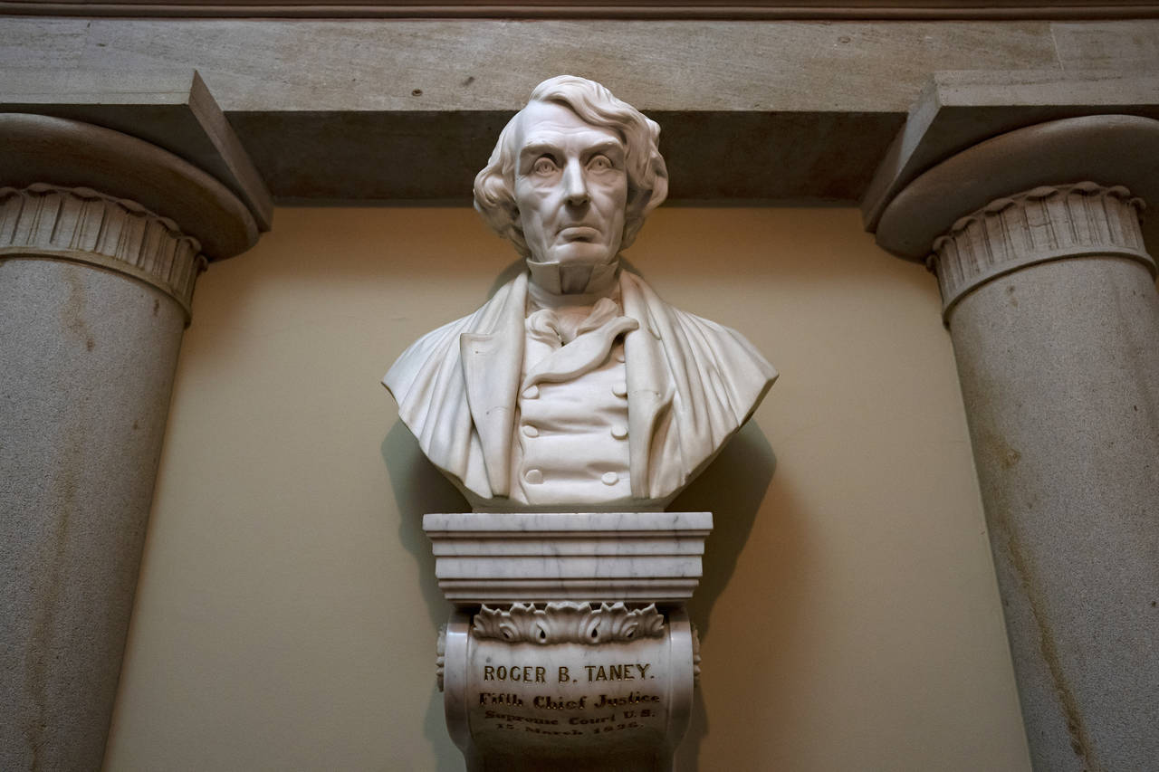 FILE - A marble bust of Chief Justice Roger Taney is displayed in the Old Supreme Court Chamber in ...