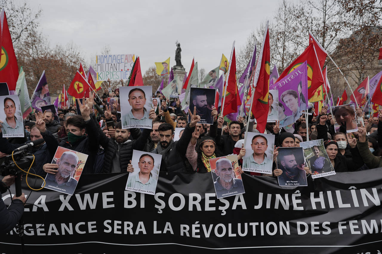 Kurdish activist and anti-racism group stage a protest holding Kurdistan Workers Party, PKK, flag a...