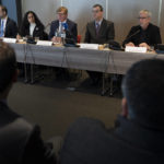 
              Rodney Dixon, lawyer for Al Jazeera, third from left, and Lina Abu Akleh, niece of fatally shot Al Jazeera journalist Shireen Abu Akleh, right, second left, answer questions during a press conference after presenting a letter requesting a formal investigation into the killing to the International Criminal Court in The Hague, Netherlands, Tuesday, Dec. 6, 2022. Palestinian officials, Abu Akleh's family and Al Jazeera accuse Israel of intentionally targeting and killing the 51-year-old journalist, a claim Israel denies. (AP Photo/Peter Dejong)
            