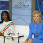 
              First lady Jill Biden and Kalkidan Tadesse, an alumna of USAID's Young African Leaders Initiative, listen as Jill Biden hosts spouses of African leaders as part of the U.S.-Africa Leaders' Summit at the REACH at the Kennedy Center for Performing Arts, Wednesday, Dec. 14, 2022, in Washington. (AP Photo/Andrew Harnik)
            