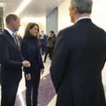 
              Britain's Prince William and Kate, Princess of Wales, are greeted by Massachusetts Gov. Charlie Baker, right, as they arrive at Boston Logan International Airport, Wednesday, Nov. 30, 2022, in Boston. The Prince and Princess of Wales are making their first overseas trip since the death of Queen Elizabeth II in September. (John Tlumacki/The Boston Globe via AP, Pool)
            