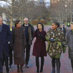 
              Britain's Prince William, left, and Kate, Princess of Wales, traveled to East Boston to see the changing face of Boston's shoreline as the city contends with rising sea levels, Thursday, Dec. 1, 2022. They walk with City of Boston Mayor Michelle Wu, center, Rev. Mariama White-Hammond, second right, and Lisa Wieland, right. The royal couple’s visit comes as they look to foster new ways to address climate change. (David L. Ryan/The Boston Globe via AP, Pool)
            