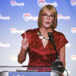 
              FILE - Indiana Lt. Gov. Suzanne Crouch introduces Gov. Eric Holcomb to make his re-election announcement at a campaign rally in Knightstown, Ind., Saturday, July 13, 2019. Crouch formally started her 2024 campaign for governor on Monday, Dec. 12, 2022, and said she would not shy away from Holcomb's record despite discontent among many conservatives over his COVID-19 policies and other actions. (AP Photo/AJ Mast, File)
            