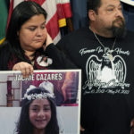 
              Gloria and Javier Cazares, hold a photo of their daughter Jackie, who was one of 19 children killed by a gunman at Robb Elementary School in Uvalde, Texas, during a news conference at the Texas Capitol in Austin, Texas, Tuesday, Jan. 24, 2023. Texas State Sen. Roland Gutierrez says he is filing legislation in the wake of Texas' rising gun violence. (AP Photo/Eric Gay)
            
