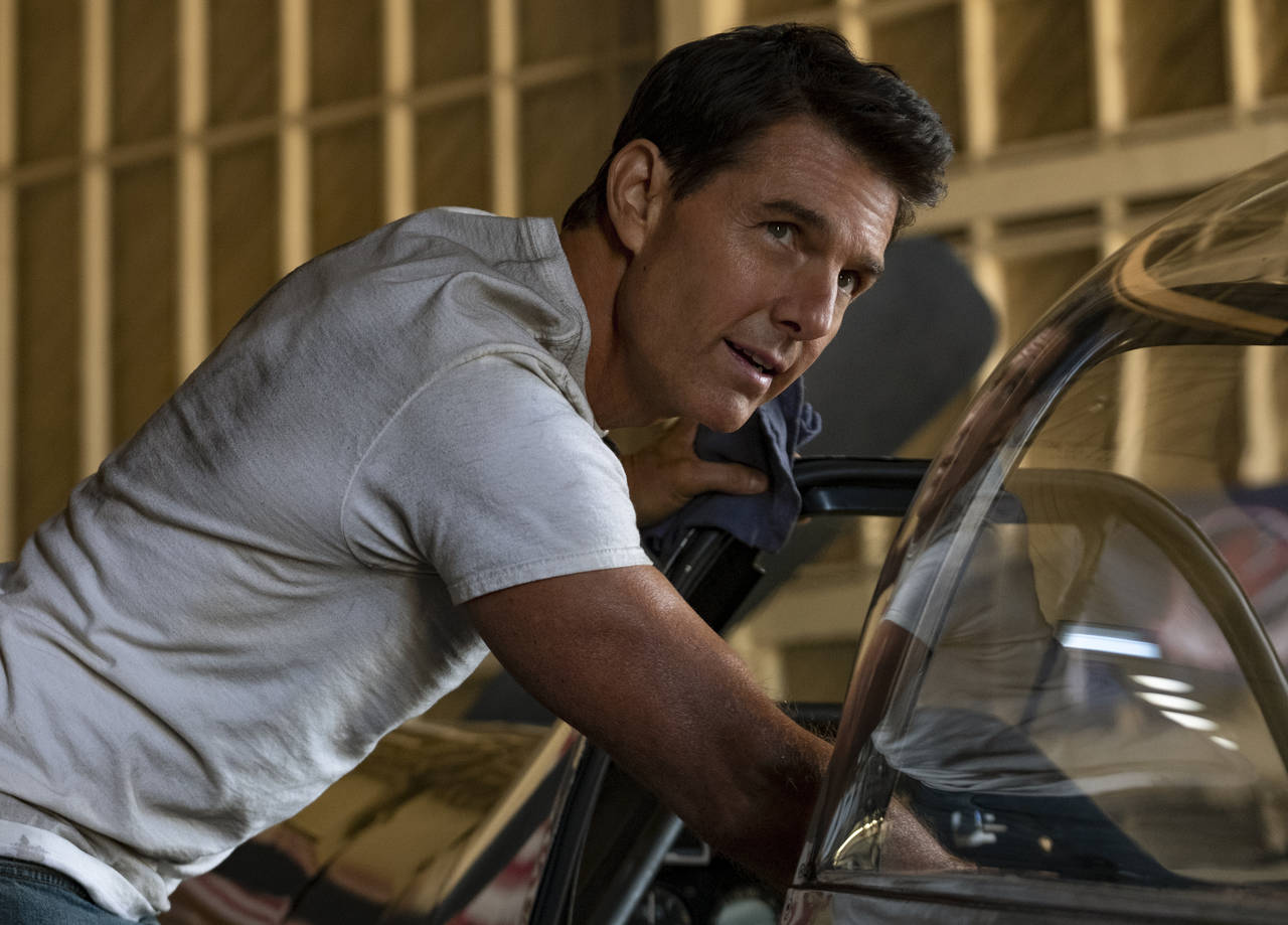 This image released by Paramount Pictures shows Tom Cruise portraying Capt. Pete "Maverick" Mitchel...