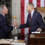 Incoming House Speaker Kevin McCarthy of Calif., receives the gavel from House Minority Leader Hakeem Jeffries of N.Y., on the House floor at the U.S. Capitol in Washington, early Saturday, Jan. 7, 2023. (AP Photo/Andrew Harnik)