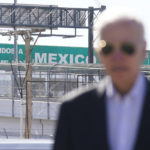 
              A large "Welcome to Mexico" sign hung over the Bridge of the Americas is visible as President Joe Biden tours the El Paso port of entry, Bridge of the Americas, a busy port of entry along the U.S.-Mexico border, in El Paso Texas, Sunday, Jan. 8, 2023. (AP Photo/Andrew Harnik)
            