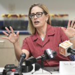 
              U.S. Sen. Kyrsten Sinema, I-Ariz., talks to those gathered inside the conference room at Regional Center for Border Health in Somerton, Ariz., Tuesday, Jan. 10, 2023, about issues at the U.S.-Mexico border in the Yuma region.  (Randy Hoeft/The Yuma Sun via AP)
            