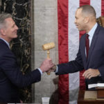
              Incoming House Speaker Kevin McCarthy of Calif., receives the gavel from House Minority Leader Hakeem Jeffries of N.Y., on the House floor at the U.S. Capitol in Washington, early Saturday, Jan. 7, 2023. (AP Photo/Andrew Harnik)
            