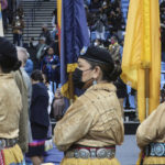 
              The Dine Saanii Silaoitsooi Color Guard, made up of all women, prepares to walk on stage for the Navajo Nation inauguration Tuesday, Jan. 10, 2023 in Fort Defiance, Ariz. Navajo President Buu Nygren is the youngest person elected to the position, while Vice President Richelle Montoya is the first woman to hold that office. (AP Photo/Felicia Fonseca)
            
