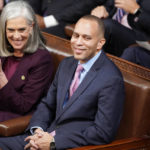 
              Incoming Democratic Whip Rep. Katherine Clark, D-Mass., left, sits with Rep. Hakeem Jeffries, D-N.Y., during the vote to determine the next House Minority Leader in the House chamber on the opening day of the 118th Congress at the U.S. Capitol, Tuesday, Jan. 3, 2023, in Washington.(AP Photo/Alex Brandon)
            