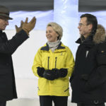 
              From left, Sweden's King Carl Gustaf , Sweden's Prime Minister Ulf Kristersson and EU Commission President Ursula von der Leyen speak, prior to a dinner at the Ice Hotel in Jukkasjarvi, Sweden, Thursday,  Jan. 12, 2023. (Jonas Ekstromer/TT News Agency via AP)
            