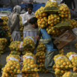 
              FILE - A laborer carries sacks of oranges in a wholesale fruit market in Lahore, Pakistan, on Dec. 1, 2021. Growing numbers of people in Asia lack enough food to eat as food insecurity rises with higher prices and worsening poverty, according to a report by the Food and Agricultural Organization and other UN agencies released Tuesday, Jan. 24, 2023. (AP Photo/K.M. Chaudary, File)
            
