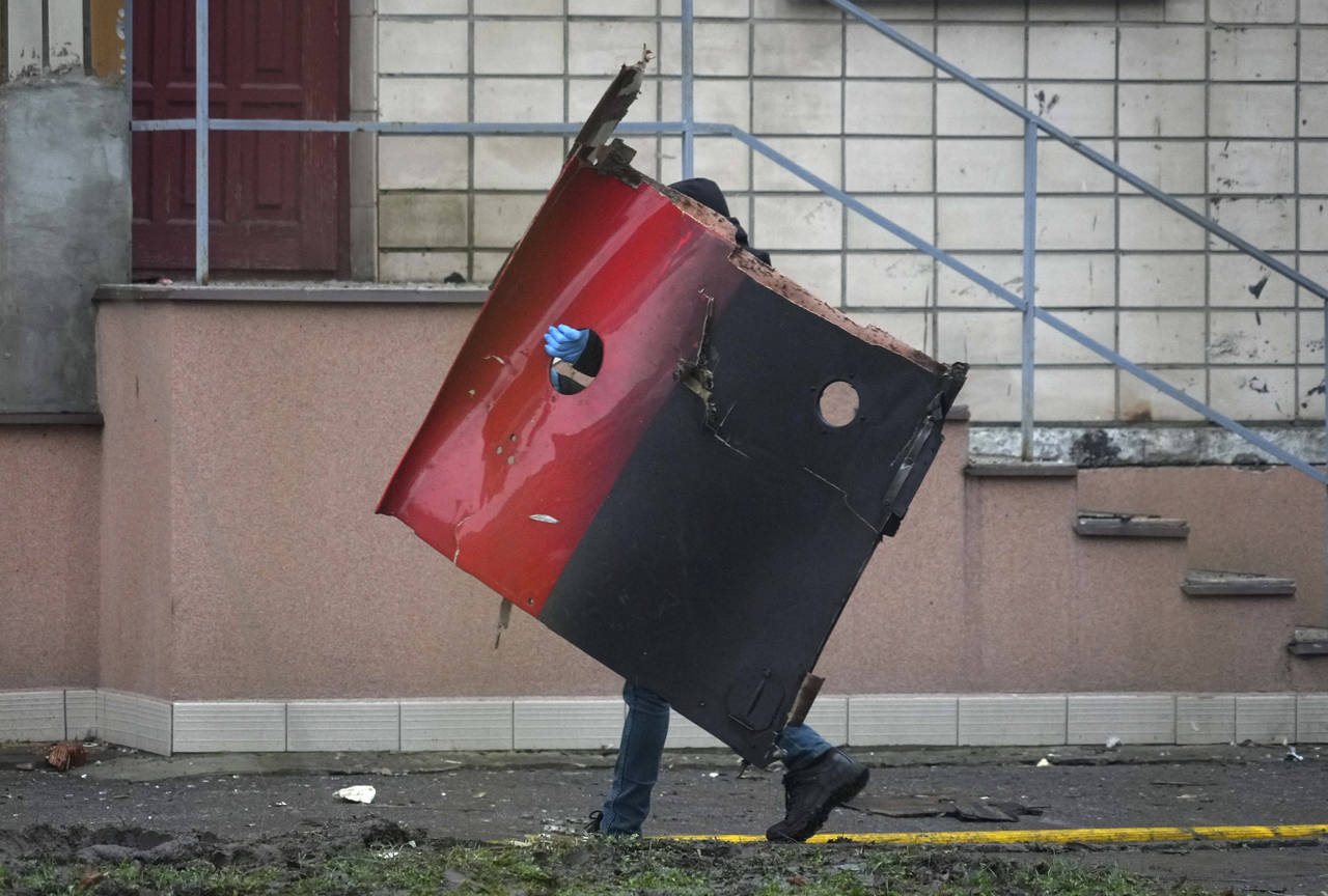 A fragment of a helicopter that crashed at a kindergarten in Brovary, in the outskirts of Kyiv, Ukr...