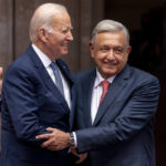 
              President Joe Biden is greeted by Mexican President Andres Manuel Lopez Obrador as he arrives at the National Palace in Mexico City, Mexico, Monday, Jan. 9, 2023. (AP Photo/Andrew Harnik)
            