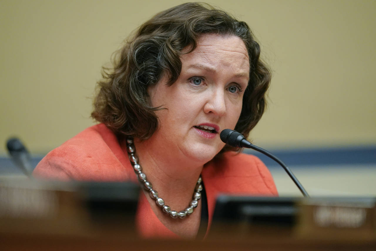 FILE - Rep. Katie Porter, D-Calif., speaks during a House Committee on Oversight and Reform hearing...