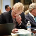 
              Alex Murdaugh becomes emotional after seeing his family in the courtroom as opening statements begin in his double murder trial at the Colleton County Courthouse in Walterboro, S.C, Wednesday, Jan. 25, 2023. (Grace Beahm Alford/The State via AP)
            