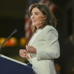 
              New York Gov. Kathy Hochul delivers her inauguration address, Sunday, Jan. 1, 2023, in Albany, N.Y. (AP Photo/Hans Pennink)
            