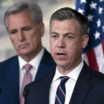 
              FILE - Rep. Jim Banks, R-Ind., right, speaks as House Minority Leader Kevin McCarthy of Calif., listens during a news conference on the House Jan. 6 Committee, on June 9, 2022, on Capitol Hill in Washington. Banks, a combative defender of former President Donald Trump, on Tuesday, Jan. 17, 2023, launched a campaign for the U.S. Senate seat from Indiana being given up by fellow Republican Mike Braun. (AP Photo/Jacquelyn Martin, File)
            