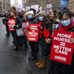 
              Nurses stage a strike in front of Mt. Sinai Hospital in the Manhattan borough of New York Monday, Jan. 9, 2023, after negotiations broke down hours earlier. (AP Photo/Craig Ruttle)
            