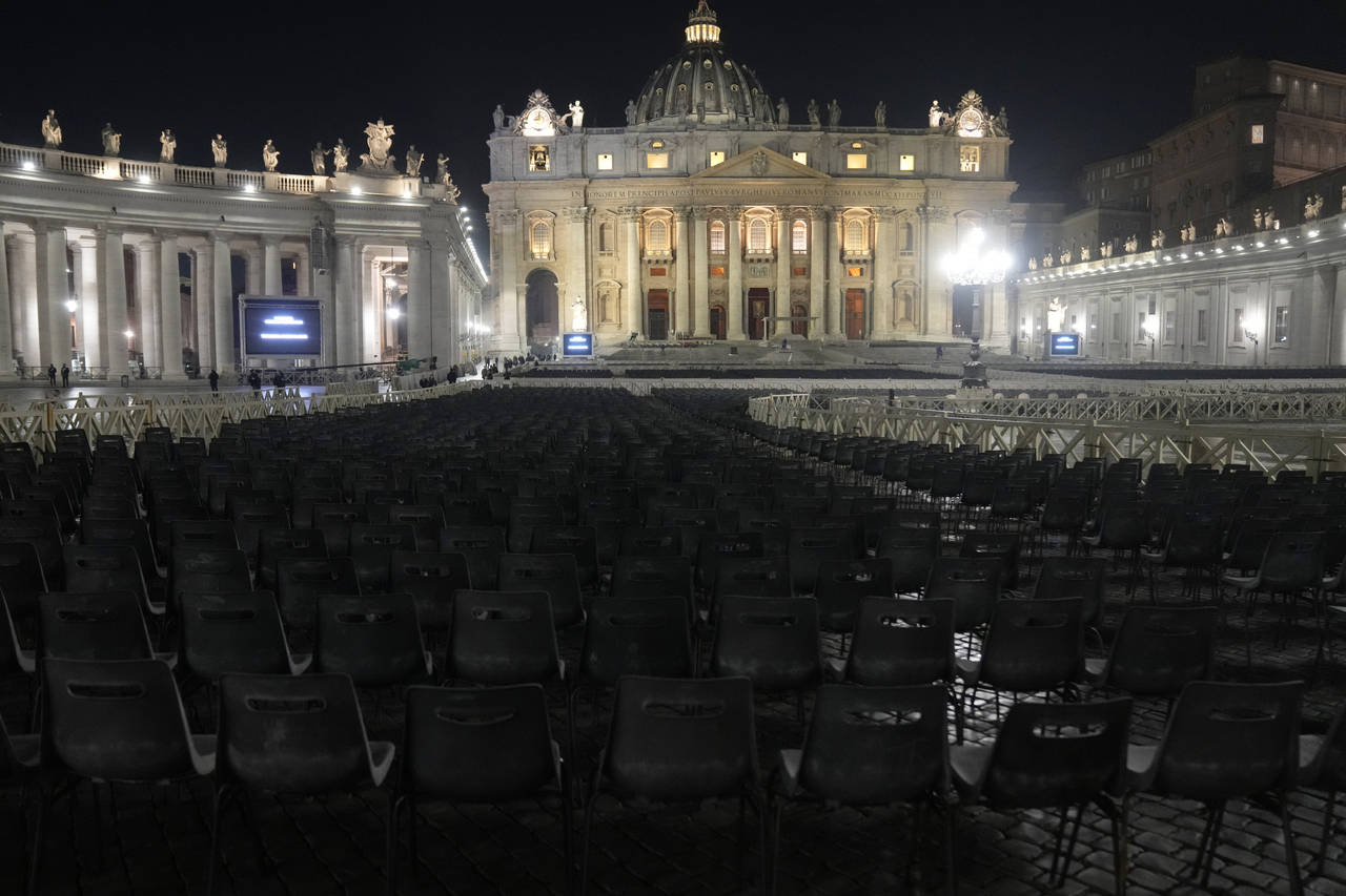 Seats put in place for the funeral, in St. Peter's Square at the Vatican, Wednesday, Jan. 4, 2023. ...