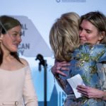 
              First lady Jill Biden, center, hugs designer Gabriela Hearst, with designer Alexandra O'Neill at right, during an event to present her 2021 inaugural ensembles to the Smithsonian's National Museum of American History, Wednesday, Jan. 25, 2023, in Washington. (AP Photo/Alex Brandon)
            