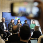 
              People making photos with their phones of climate activists Greta Thunberg of Sweden, Vanessa Nakate of Uganda, Helena Gualinga of Ecuador, Luisa Neubauer of Germany, and Fatih Birol, Head of the International Energy Agency, from right, at a press conference at the World Economic Forum in Davos, Switzerland Thursday, Jan. 19, 2023. The annual meeting of the World Economic Forum is taking place in Davos from Jan. 16 until Jan. 20, 2023. (AP Photo/Markus Schreiber)
            