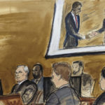 In this courtroom sketch, Genaro Garcia Luna, Mexico's former Secretary of Public Safety, seated lower left, with U.S. Marshals behind him and defense team in foreground, attends trial, Monday, Jan. 23, 2023, in New York. On the screen is a photo of Garcia Luna shaking hands with former U.S. President Barack Obama. An anonymous jury has gotten its first look at a rare U.S. trial of a former cabinet-level Mexican official charged with taking bribes to aid drug traffickers he was supposed to be neutralizing. (Elizabeth Williams via AP)